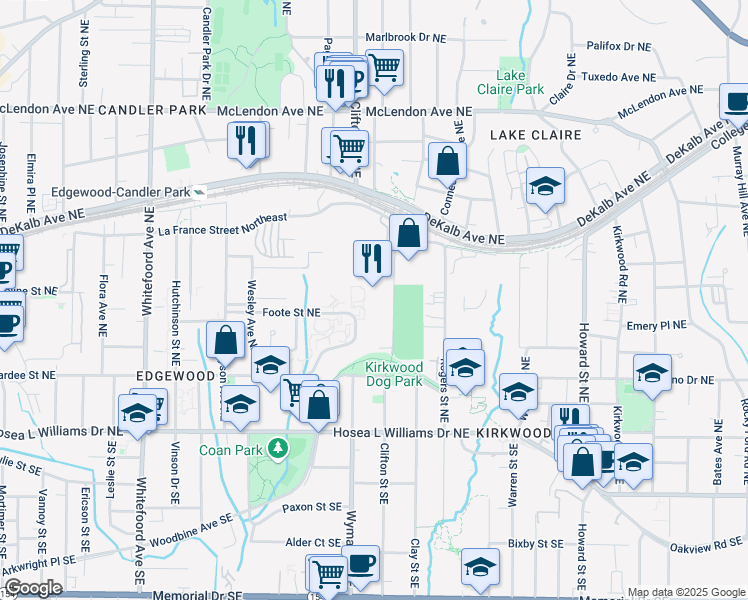 map of restaurants, bars, coffee shops, grocery stores, and more near 110 Arizona Avenue Northeast in Atlanta