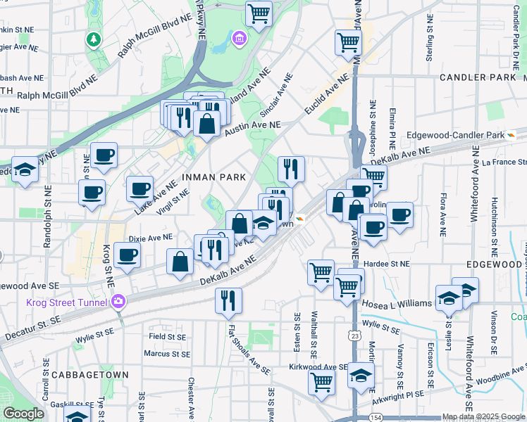 map of restaurants, bars, coffee shops, grocery stores, and more near 117 Elizabeth Street Northeast in Atlanta