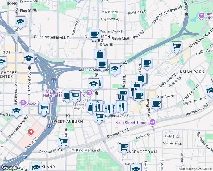 map of restaurants, bars, coffee shops, grocery stores, and more near 521 Irwin Street Northeast in Atlanta
