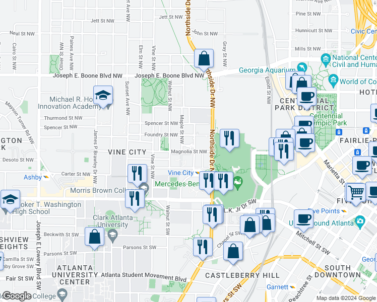 map of restaurants, bars, coffee shops, grocery stores, and more near 516 Magnolia Street Northwest in Atlanta
