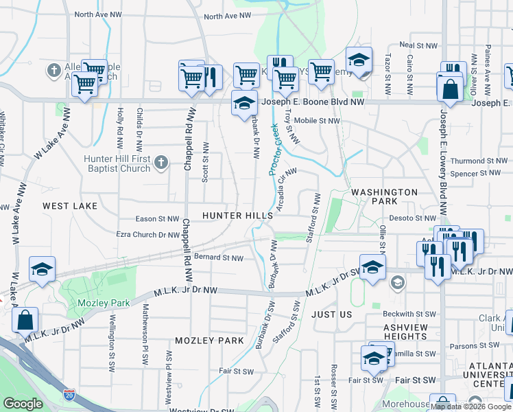 map of restaurants, bars, coffee shops, grocery stores, and more near 107 Burbank Drive Northwest in Atlanta