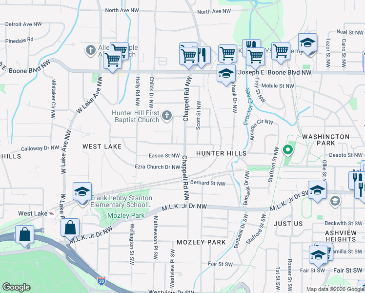 map of restaurants, bars, coffee shops, grocery stores, and more near 99 Chappell Road Northwest in Atlanta