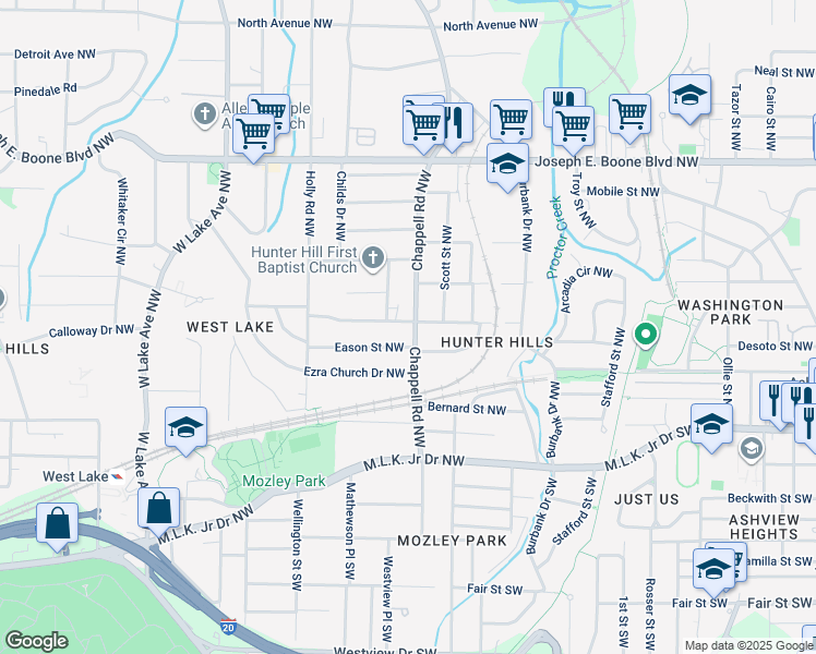 map of restaurants, bars, coffee shops, grocery stores, and more near 99 Chappell Road Northwest in Atlanta