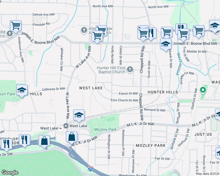 map of restaurants, bars, coffee shops, grocery stores, and more near 86 Holly Road Northwest in Atlanta