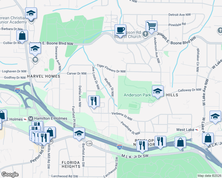map of restaurants, bars, coffee shops, grocery stores, and more near 226 Wadley Street Northwest in Atlanta