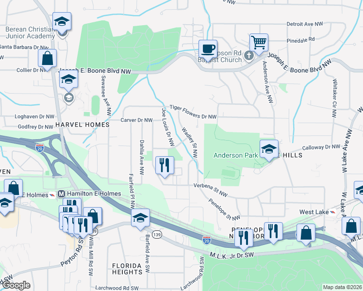 map of restaurants, bars, coffee shops, grocery stores, and more near 2168 Pansy Street Northwest in Atlanta