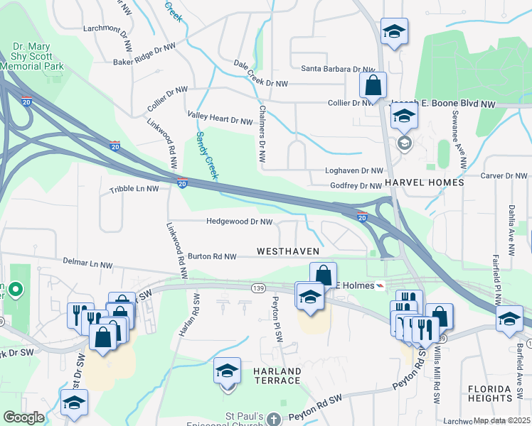 map of restaurants, bars, coffee shops, grocery stores, and more near 2724 Hedgewood Drive Northwest in Atlanta