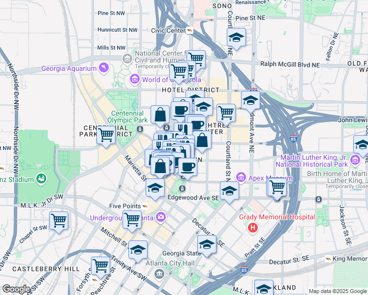 map of restaurants, bars, coffee shops, grocery stores, and more near 133 Carnegie Way Northwest in Atlanta