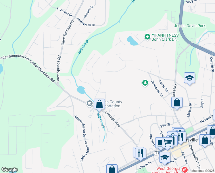 map of restaurants, bars, coffee shops, grocery stores, and more near 8134 Brookbend Drive in Douglasville