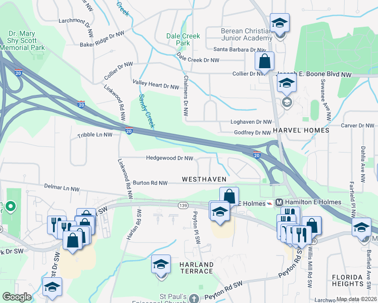 map of restaurants, bars, coffee shops, grocery stores, and more near 2724 Hedgewood Drive Northwest in Atlanta