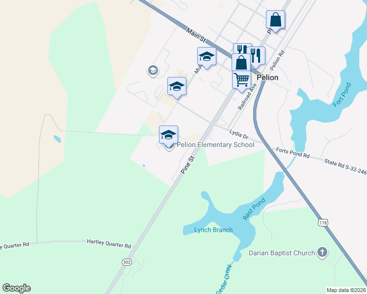 map of restaurants, bars, coffee shops, grocery stores, and more near 1202 Pine Street in Pelion