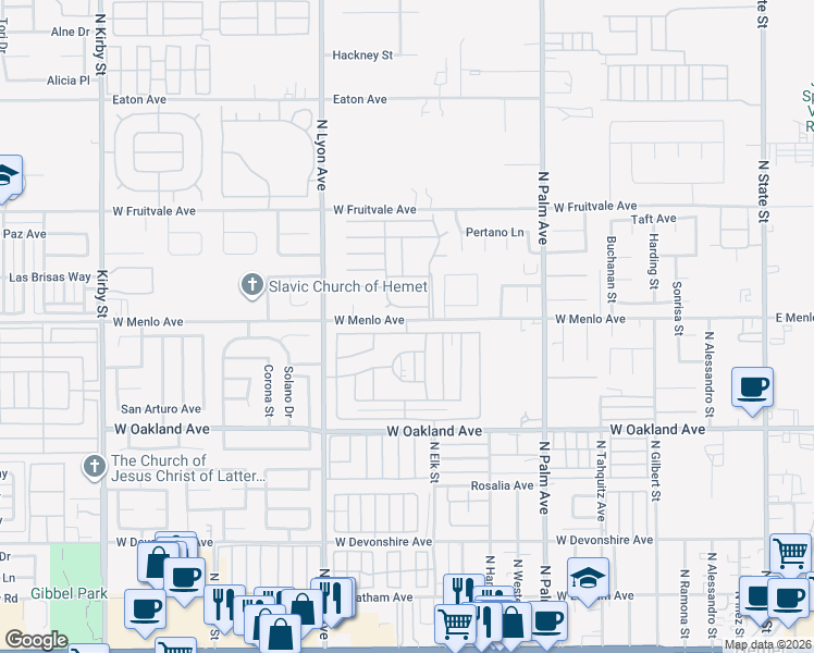 map of restaurants, bars, coffee shops, grocery stores, and more near Ronda Street in Hemet