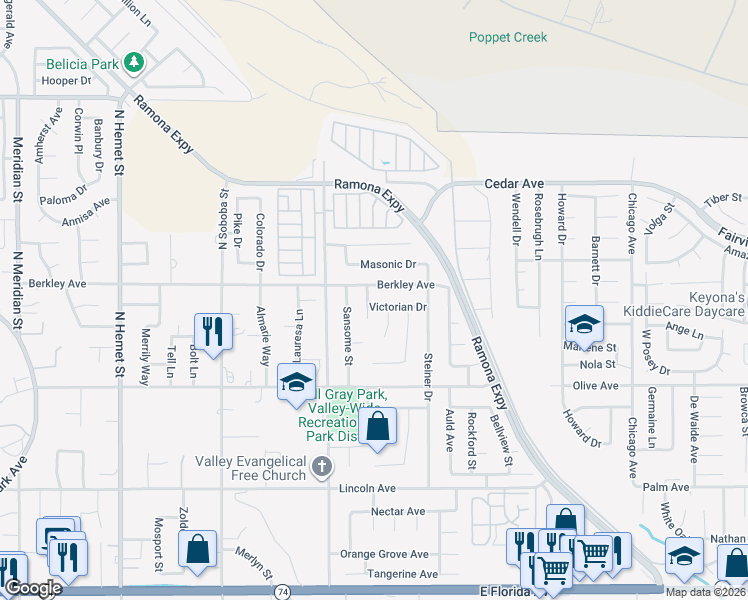 map of restaurants, bars, coffee shops, grocery stores, and more near 25074 Battery Court in Hemet