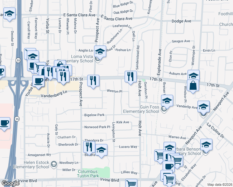 map of restaurants, bars, coffee shops, grocery stores, and more near 14152 Livingston Street in Tustin