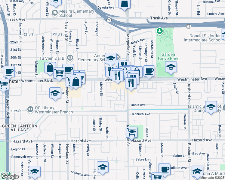 map of restaurants, bars, coffee shops, grocery stores, and more near Magnolia Street in Costa Mesa