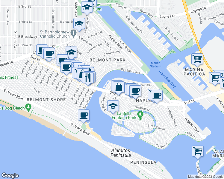 map of restaurants, bars, coffee shops, grocery stores, and more near 5430 2nd Street in Long Beach