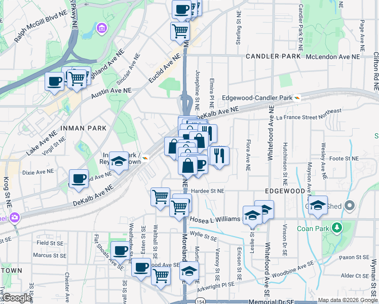 map of restaurants, bars, coffee shops, grocery stores, and more near 144 Moreland Avenue Northeast in Atlanta