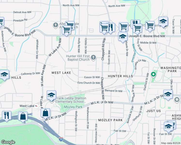map of restaurants, bars, coffee shops, grocery stores, and more near 1458 Akridge Street Northwest in Atlanta