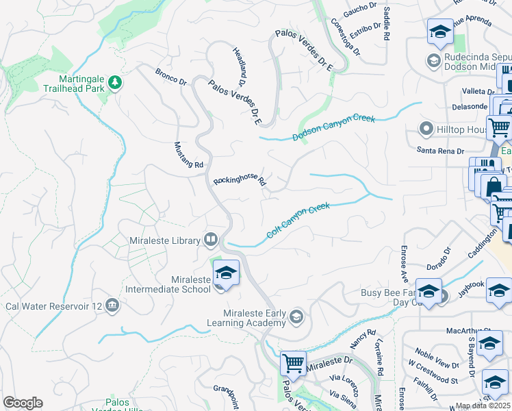 map of restaurants, bars, coffee shops, grocery stores, and more near 5 Toprail Lane in Rancho Palos Verdes