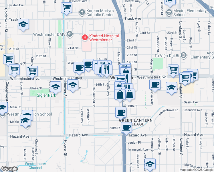 map of restaurants, bars, coffee shops, grocery stores, and more near 7852 16th Street in Westminster