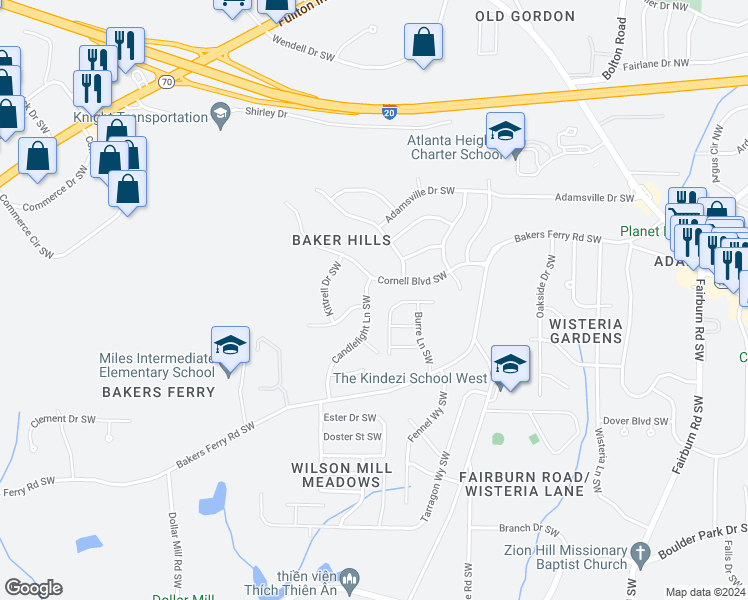 map of restaurants, bars, coffee shops, grocery stores, and more near 141 Candlelight Lane Southwest in Atlanta
