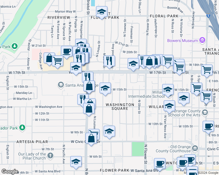 map of restaurants, bars, coffee shops, grocery stores, and more near 1145 West 15th Street in Santa Ana