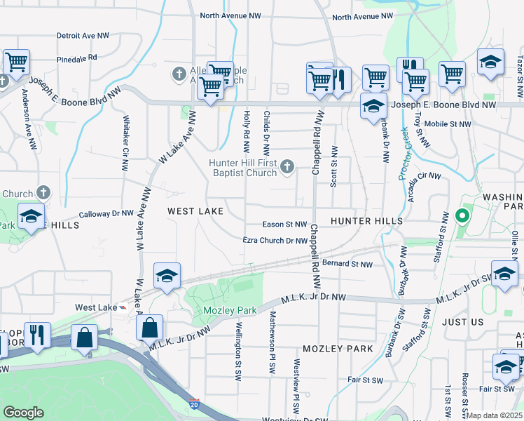 map of restaurants, bars, coffee shops, grocery stores, and more near 1486 Akridge Street Northwest in Atlanta