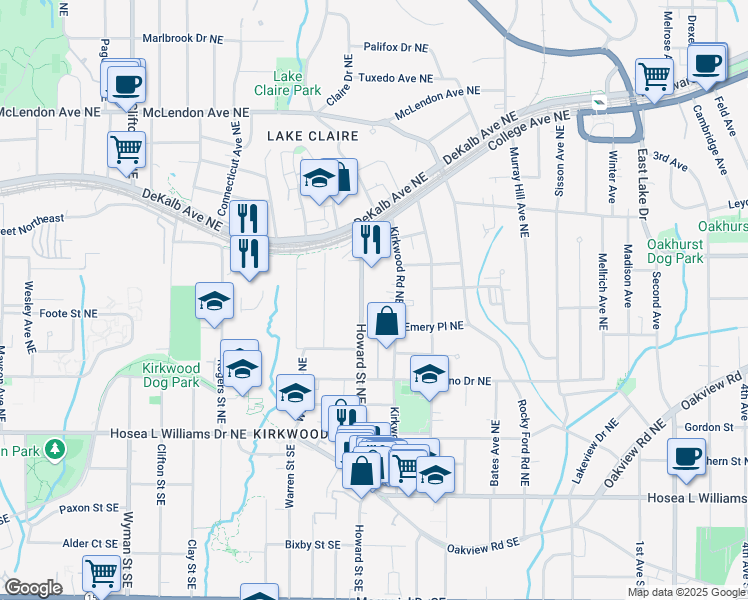 map of restaurants, bars, coffee shops, grocery stores, and more near 181 Howard Street Northeast in Atlanta