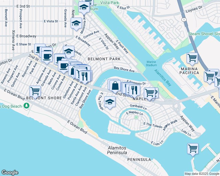 map of restaurants, bars, coffee shops, grocery stores, and more near 5465 East 2nd Street in Long Beach