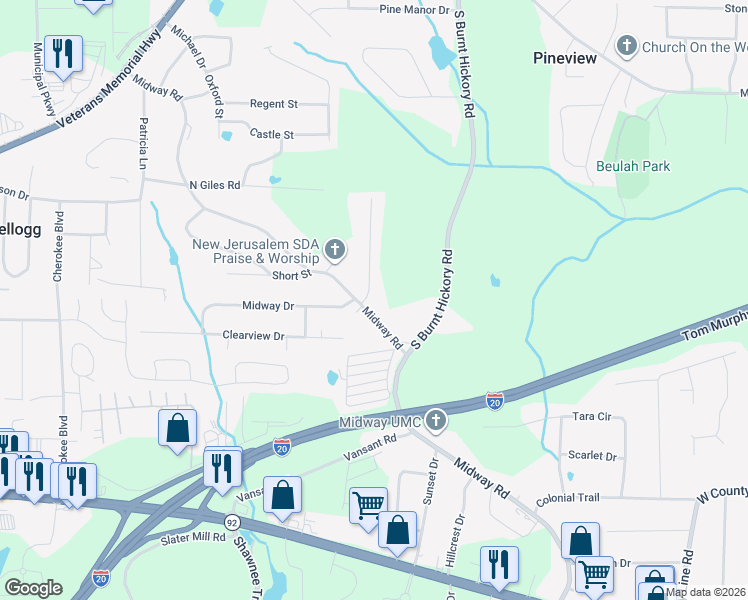map of restaurants, bars, coffee shops, grocery stores, and more near 4130 Midway Road in Douglasville