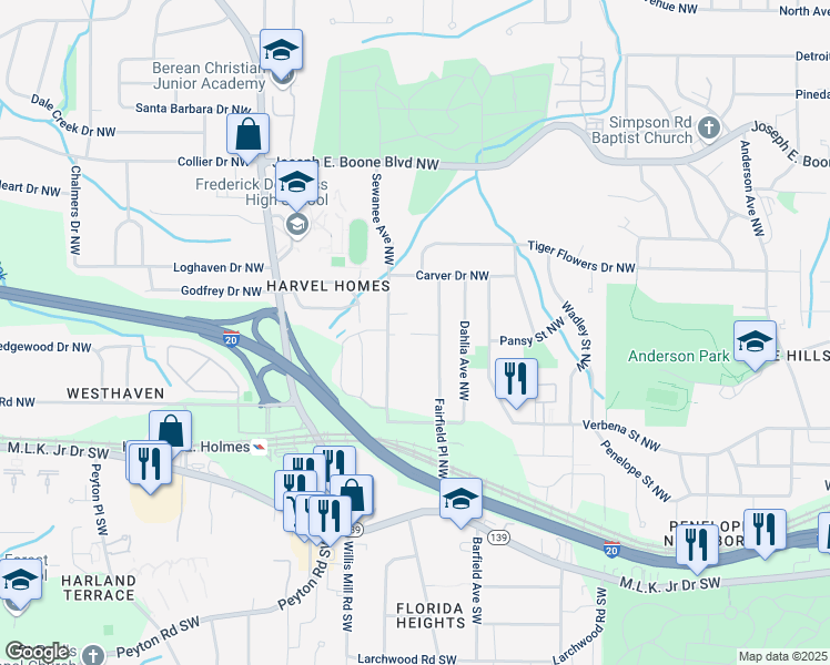 map of restaurants, bars, coffee shops, grocery stores, and more near 150 Fairfield Place Northwest in Atlanta