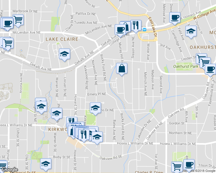 map of restaurants, bars, coffee shops, grocery stores, and more near 199 Rocky Ford Rd NE in Atlanta