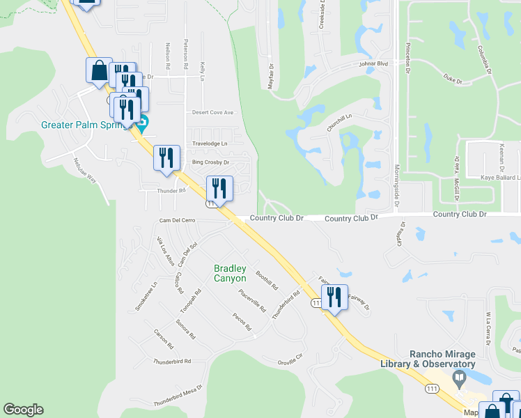 map of restaurants, bars, coffee shops, grocery stores, and more near 12 Vía Condotti in Rancho Mirage