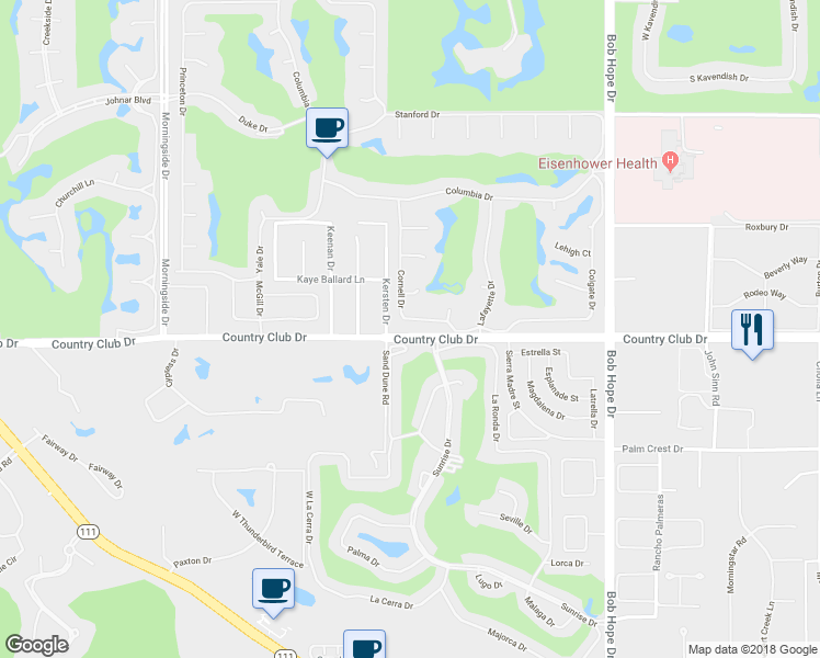 map of restaurants, bars, coffee shops, grocery stores, and more near 46 Cornell Drive in Rancho Mirage