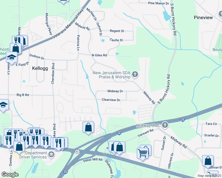 map of restaurants, bars, coffee shops, grocery stores, and more near 4268 Midway Drive in Douglasville