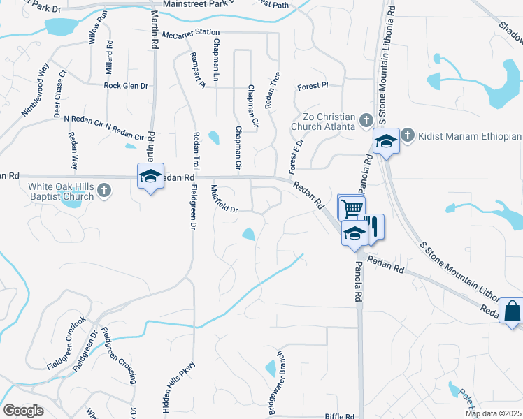 map of restaurants, bars, coffee shops, grocery stores, and more near 1268 Muirfield Drive in Stone Mountain