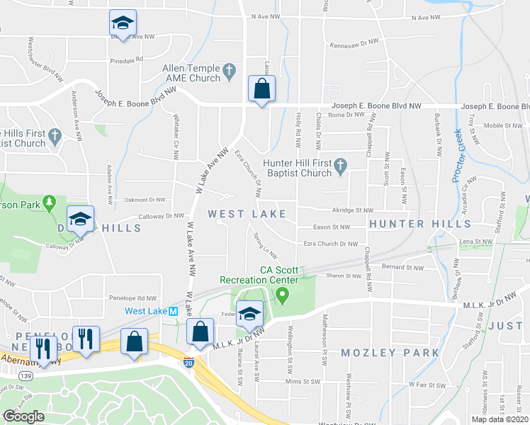 map of restaurants, bars, coffee shops, grocery stores, and more near 1591 Ezra Church Drive Northwest in Atlanta