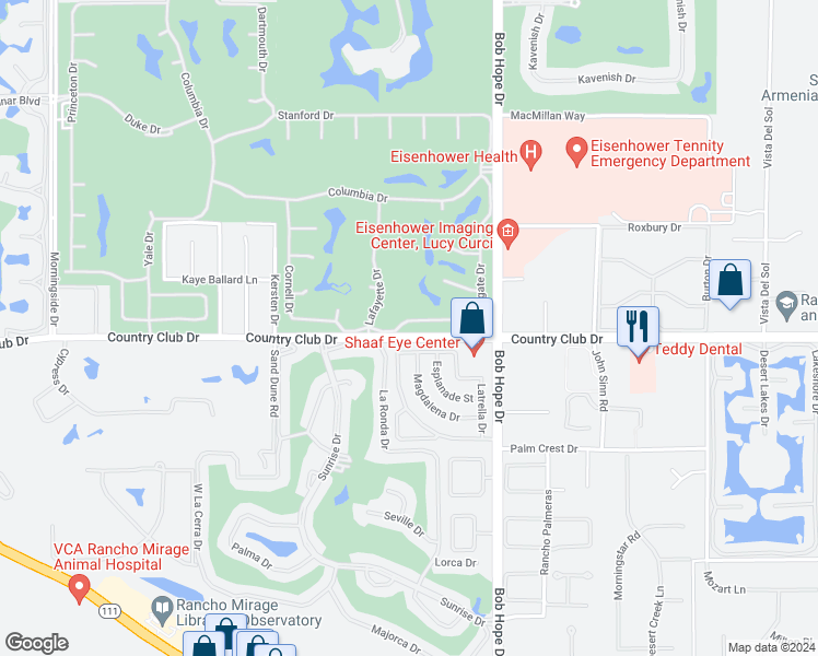 map of restaurants, bars, coffee shops, grocery stores, and more near 77 Colgate Drive in Rancho Mirage