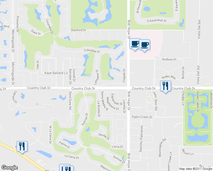 map of restaurants, bars, coffee shops, grocery stores, and more near 75 Colgate Drive in Rancho Mirage