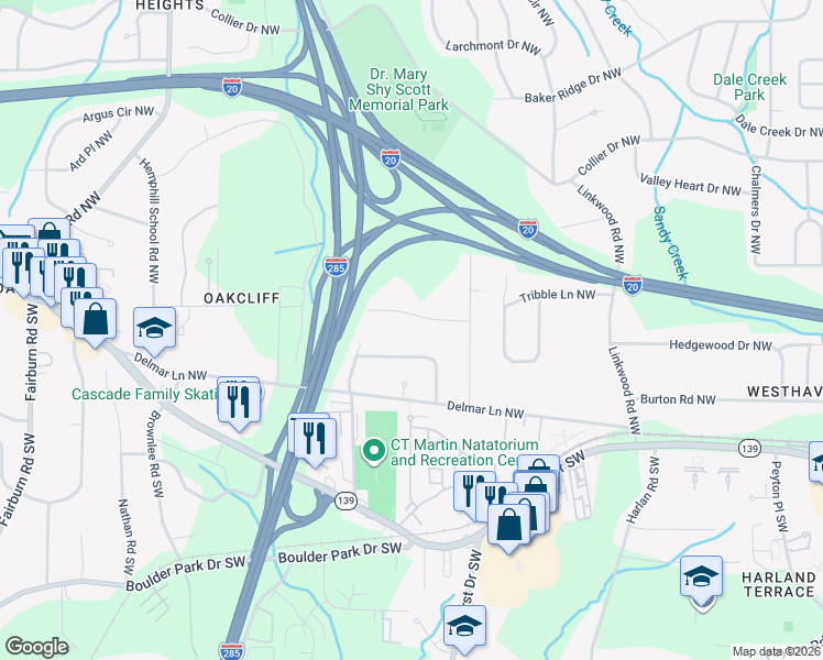 map of restaurants, bars, coffee shops, grocery stores, and more near 79 Delmoor Drive Northwest in Atlanta