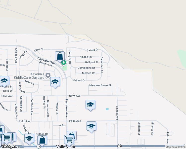 map of restaurants, bars, coffee shops, grocery stores, and more near 25036 Bodega Court in Hemet