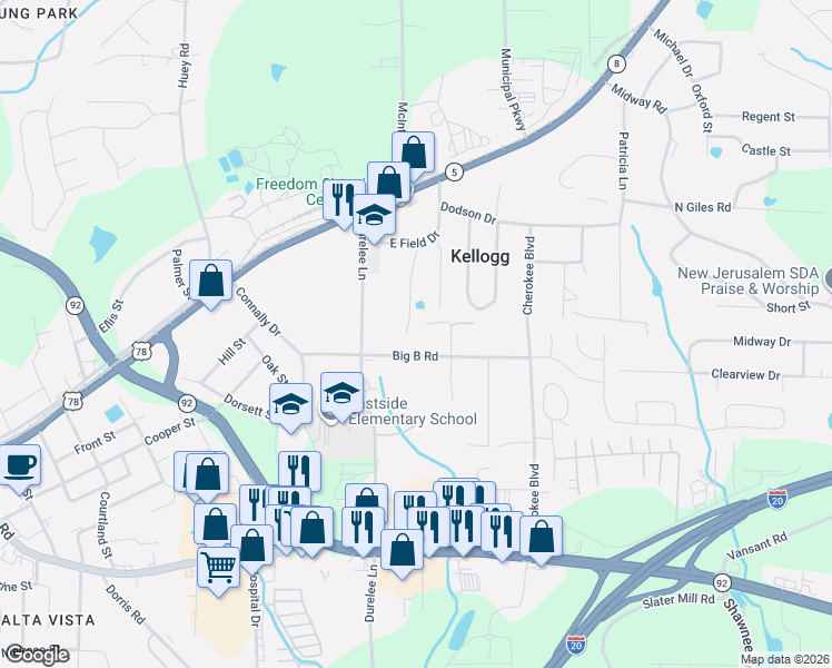 map of restaurants, bars, coffee shops, grocery stores, and more near 4646 Big B Road in Douglasville