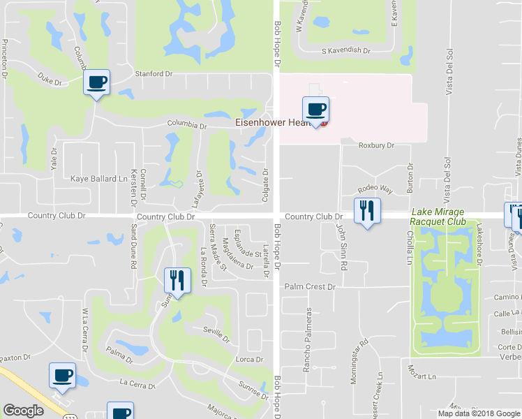 map of restaurants, bars, coffee shops, grocery stores, and more near 53 Colgate Drive in Rancho Mirage