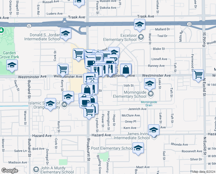map of restaurants, bars, coffee shops, grocery stores, and more near 14090 Flower Street in Garden Grove