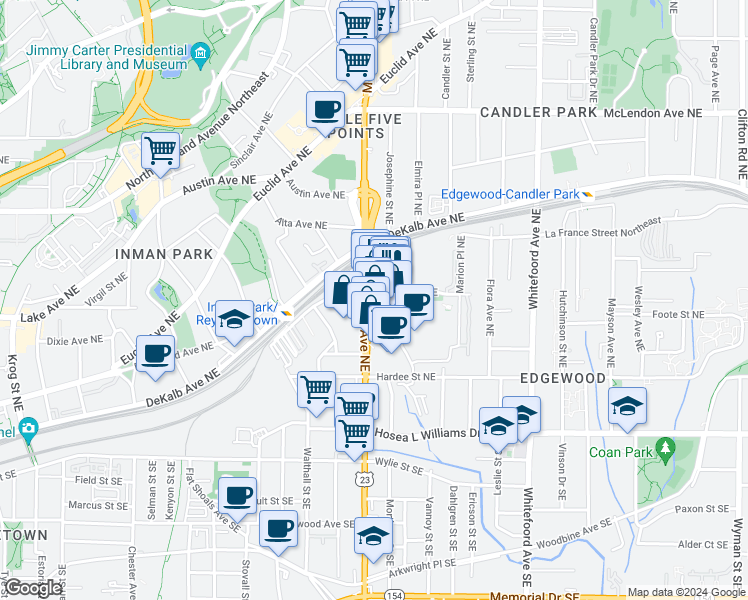 map of restaurants, bars, coffee shops, grocery stores, and more near 1221 Caroline Street Northeast in Atlanta