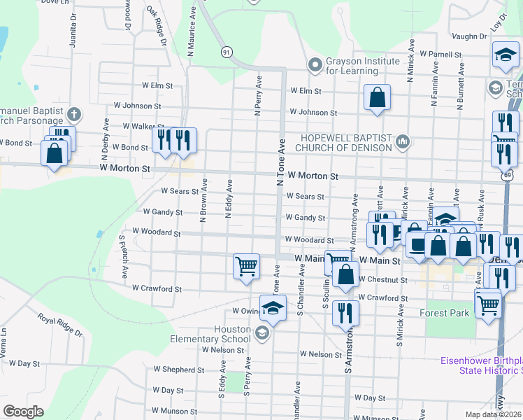 map of restaurants, bars, coffee shops, grocery stores, and more near 1130 West Gandy Street in Denison