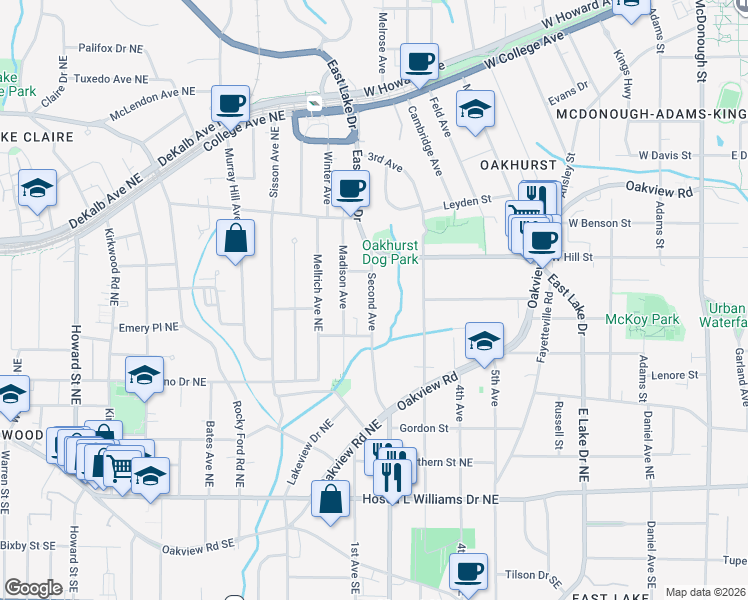 map of restaurants, bars, coffee shops, grocery stores, and more near 245 Second Avenue in Decatur