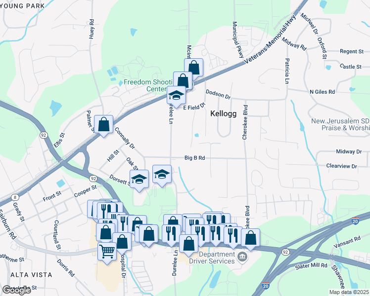 map of restaurants, bars, coffee shops, grocery stores, and more near 8113 Fieldstream Way in Douglasville