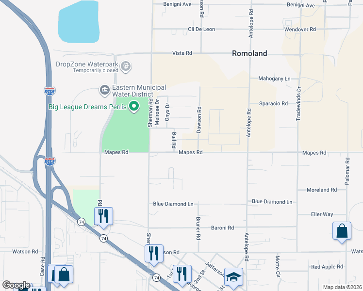 map of restaurants, bars, coffee shops, grocery stores, and more near 27650 Mapes Road in Riverside County