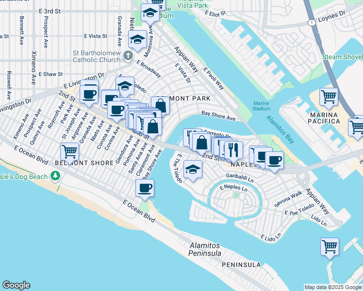 map of restaurants, bars, coffee shops, grocery stores, and more near 5425 East Sorrento Drive in Long Beach